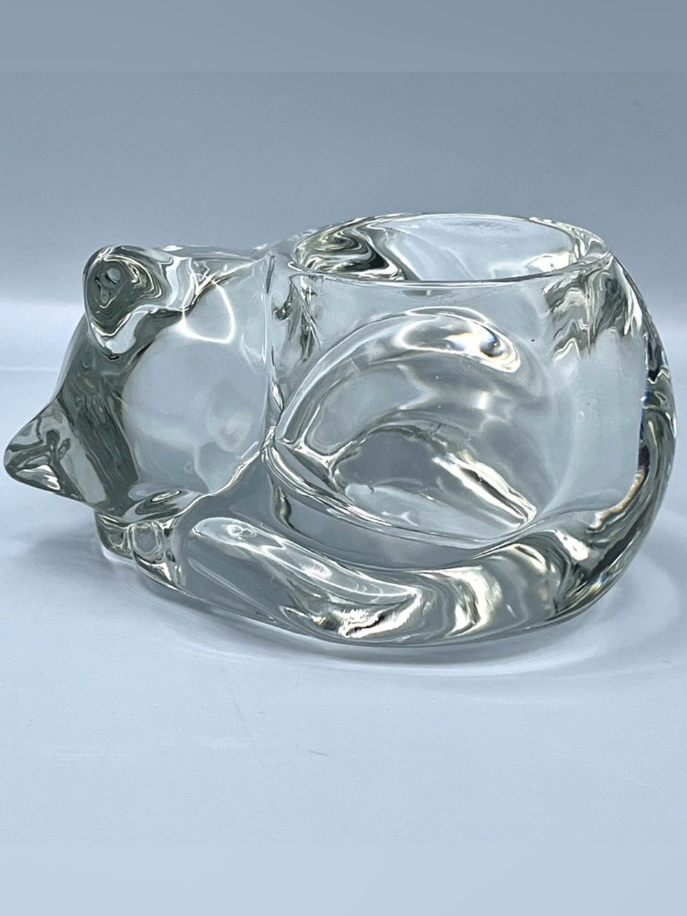vintage Indiana crystal clear glass sleeping cat votive candle holder.